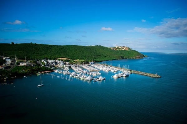 Aerial view of coastal marina with numerous white sailboats docked in turquoise water, forested headland, and hilltop town in background